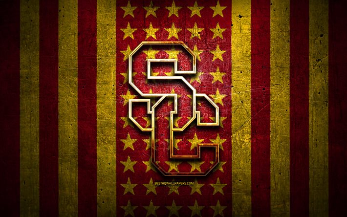USC Trojans flagga, NCAA, r&#246;d gul metall bakgrund, amerikansk fotbollslag, USC Trojans logotyp, USA, amerikansk fotboll, gyllene logotyp, USC trojaner
