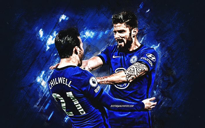 Chelsea FC, Olivier Giroud, Ben Chilwell, sfondo pietra blu, calcio, Premier League, Inghilterra