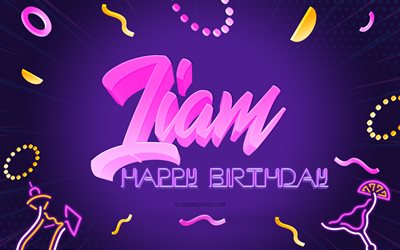 Buon compleanno Liam, 4k, Purple Party Background, Liam, arte creativa, Compleanno di Happy Liam, Nome Liam, Compleanno Liam, Sfondo festa di compleanno