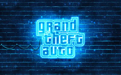 GTA blue logo, 4k, blue brickwall, Grand Theft Auto, GTA logo, GTA neon logo, GTA, Grand Theft Auto logo