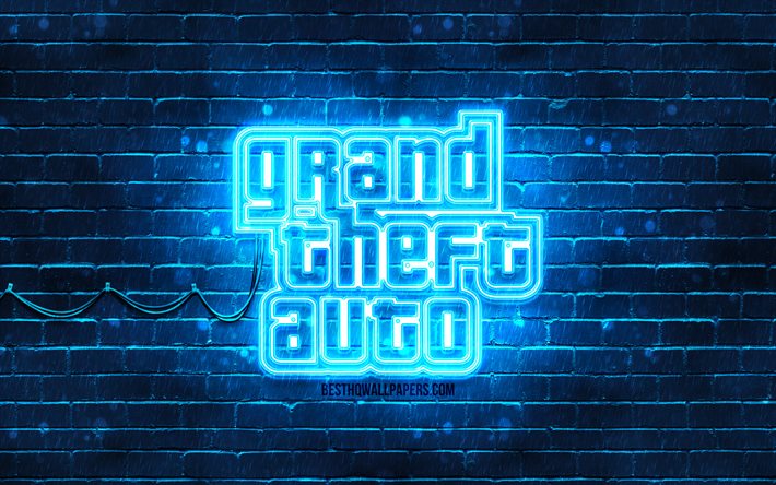 GTA sininen logo, 4k, sininen tiilisein&#228;, Grand Theft Auto, GTA logo, GTA neon logo, GTA, Grand Theft Auto logo