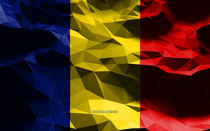 4k, drapeau du Tchad, poly art bas, pays africains, symboles nationaux, Drapeau du Tchad, drapeaux 3D, Tchad, Afrique, Tchad drapeau 3D
