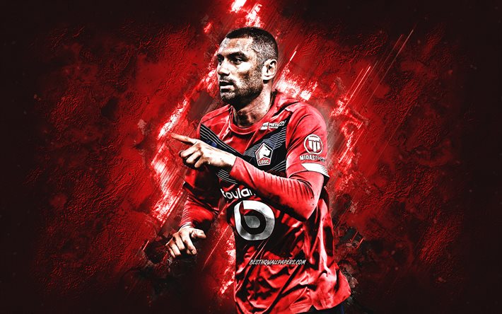 Burak Yilmaz, Lille OSC, turkkilainen jalkapalloilija, muotokuva, punainen kivitausta, Ligue 1, Ranska, jalkapallo