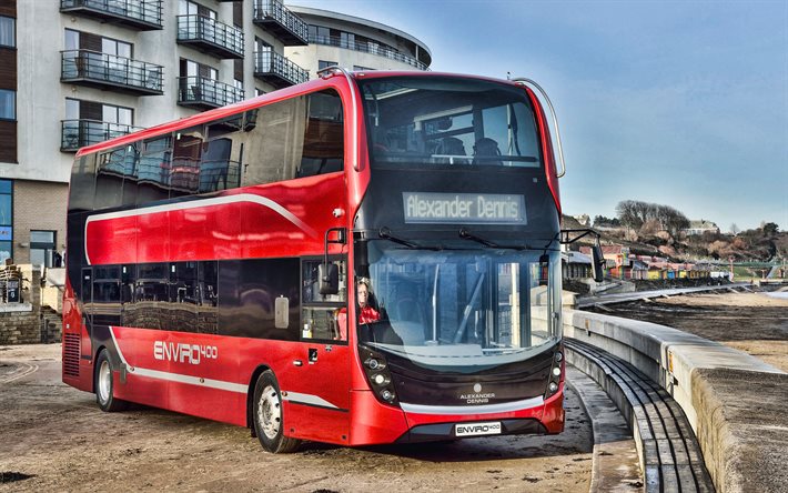 Alexander Dennis Enviro400, bus rouge, bus 2021, HDR, bus &#224; deux &#233;tages, transport de passagers, bus de passagers, Alexander Dennis