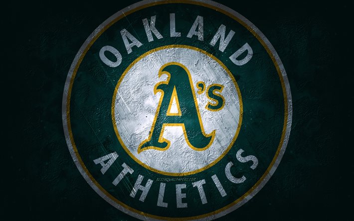 Oakland Athletics, time de beisebol americano, fundo de pedra verde, logotipo do Oakland Athletics, arte grunge, MLB, beisebol, EUA, Oakland Athletics emblema