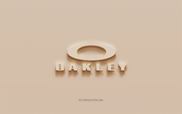 oakley-logo, brauner gips hintergrund, oakley 3d logo, marken, oakley emblem, 3d-kunst, oakley