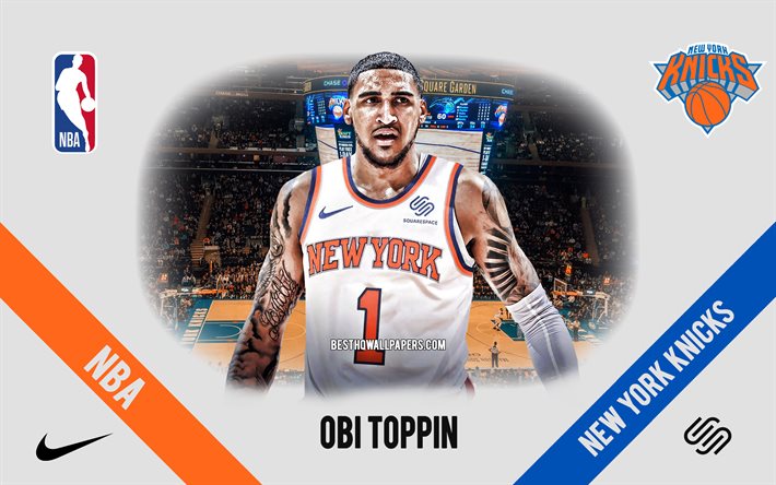 Obi Toppin, New York Knicks, Jogador de Basquete Americano, NBA, retrato, EUA, basquete, Madison Square Garden, logotipo do New York Knicks