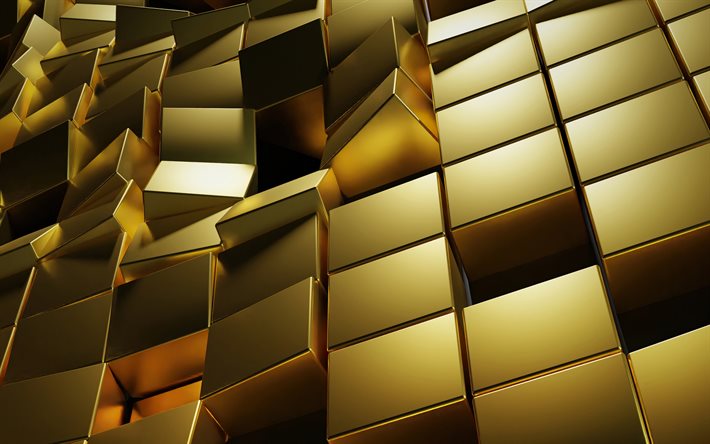 blocs 3d d’or, texture 3D de cubes d’or, cubes d’or, fond 3D d’or, lingots d’or 3d
