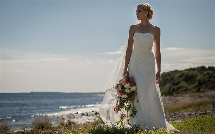 la novia, boda, ramo de novia, rubia, hermosa ni&#241;a de vestido blanco