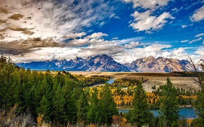 autumn, mountain, river, valley, autumn landscape, USA, Wyoming, Grand Teton National Park