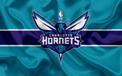 Charlotte Hornets, basketball club, NBA, emblem, logo, USA, National Basketball Association, silk flag, basketball, Charlotte, North Carolina, US basketball league, South East Division