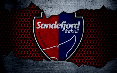 Sandefjord, 4k, logo, Eliteserien, soccer, football club, Norway, grunge, metal texture, Sandefjord FC