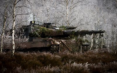 Leopard 2a6m, 4k, allemand char de combat moderne, des v&#233;hicules blind&#233;s, for&#234;t, hiver camouflage, L&#233;opard 2, r&#233;servoirs