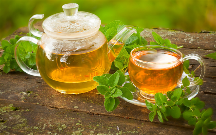 Green tea, mint, cup of tea, teapot, drinks
