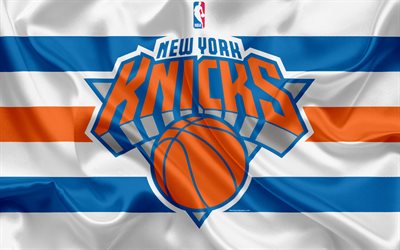 New York Knicks, basketball club, NBA, emblem, logo, USA, National Basketball Association, silk flag, basketball, New York, USA basketball league, Atlantic Division