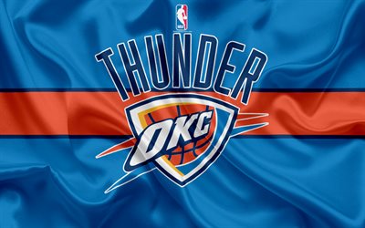 Oklahoma City Thunder, basketball club, NBA, emblem, logo, USA, National Basketball Association, silk flag, basketball, Oklahoma, US basketball league, Northwestern Division