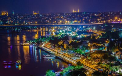 Istanbul, kv&#228;ll, natt, Bosphorus, bay, mosk&#233;n, Turkiet