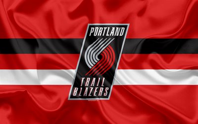 Portland Trail Blazers, basketball club, NBA, emblem, logo, USA, National Basketball Association, silk flag, basketball, Portland, Oregon, US basketball league, Northwest Division