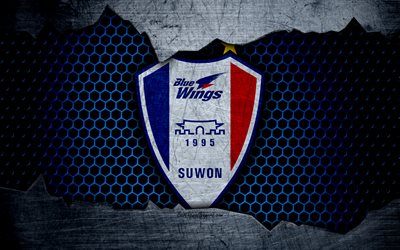 suwon samsung bluewings, 4k, logo, k-league classic, soccer, fu&#223;ball club, south korea, shoegazing, metal texturen, suwon samsung bluewings fc