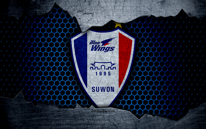 Suwon Samsung Bluewings, 4k, logo, K-League Classic, soccer, football club, South Korea, grunge, metal texture, Suwon Samsung Bluewings FC