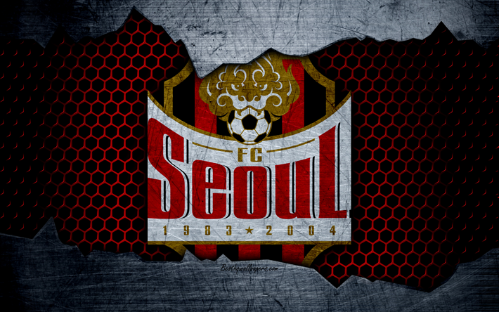 FC Seoul, 4k, شعار, K-الدوري الكلاسيكية, كرة القدم, نادي كرة القدم, كوريا الجنوبية, سيول, الجرونج, الملمس المعدني, سيول FC