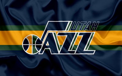 Utah Jazz, basketball club, NBA, emblem, new logo, USA, National Basketball Association, silk flag, basketball, Salt Lake City, Utah, US basketball league, Northwestern Division