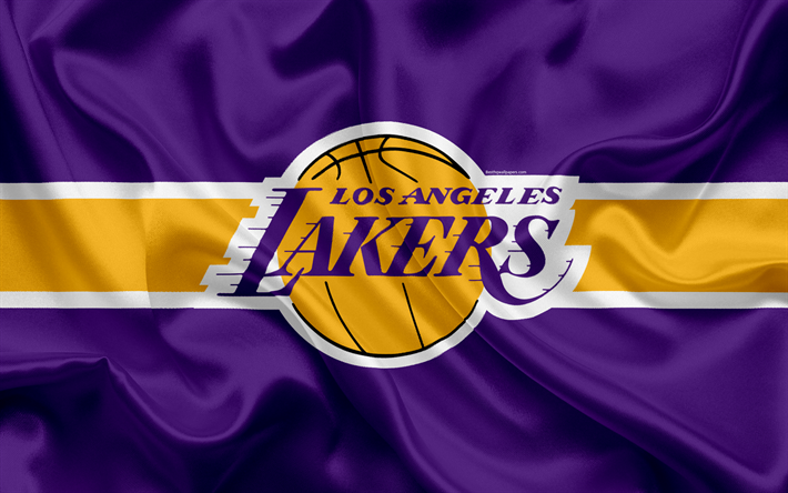 Los Angeles Lakers, basketball club, NBA, emblem, new logo, USA, National Basketball Association, silk flag, basketball, Los Angeles, California, US basketball league, Pacific Division