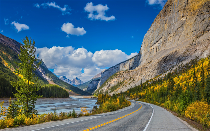 Bow River, 4k, canadian landmarks, autumn, Banff National Park, Canadian Rockies, Canada