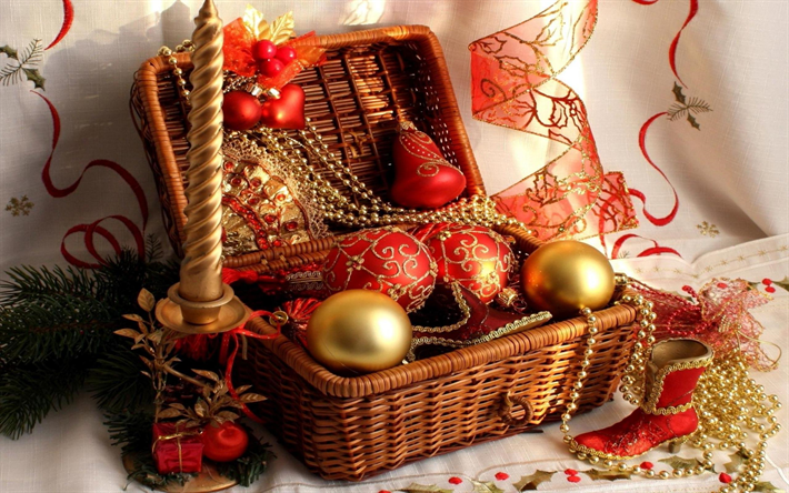 Christmas decoration, basket, candles, New Year, Christmas balls, red ribbons