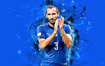 Giorgio Chiellini, fan art, Italy National Team, football, blue background, Chiellini, soccer, abstract art, neon lights, Italian football team