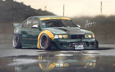 4k, E36, BMW 3-series, artwork, stance, tuning, german cars, green E36, BMW