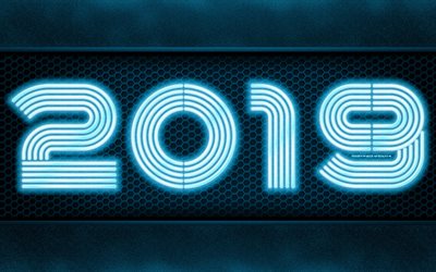 2019 year, neon digits, creative, metal grid, 2019 concepts, blue background, Happy New Year 2019