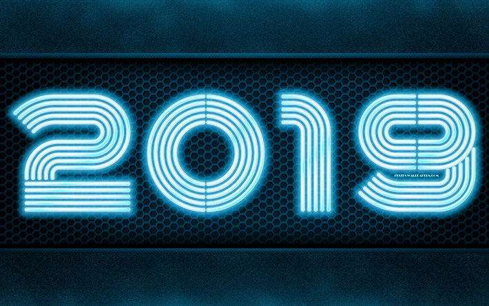 2019 o ano, neon d&#237;gitos, criativo, grelha, 2019 conceitos, fundo azul, Feliz Ano Novo 2019