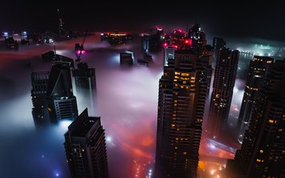 Dubai, fog, clouds, night, lights, skyscrapers, cityscape, UAE, United Arab Emirates