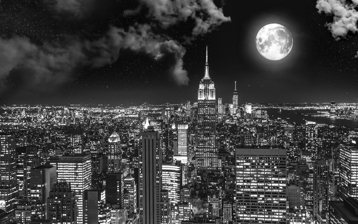 4k, Manhattan, moon, New York, monochrome, NYC, nightscapes, NY, USA, America
