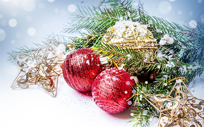 ダウンロード画像 クリスマスボール 明るい装飾 新年 赤色ボール ゴールドスター 装飾 クリスマス フリー のピクチャを無料デスクトップの 壁紙