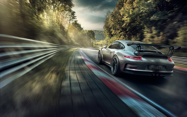 Porsche 911 GT3 RS, le flou de mouvement, 2018 voitures, chemin de c&#226;bles, supercars, voitures allemandes, Porsche