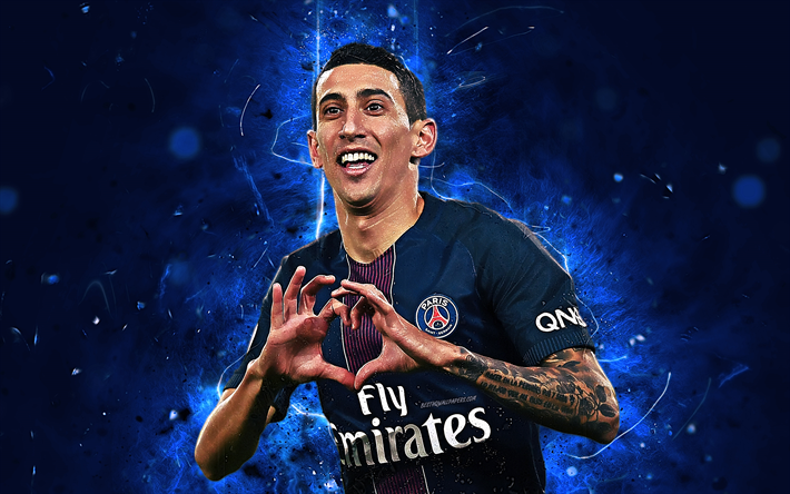 Angel Di Maria, goal, abstract art, PSG FC, Ligue 1, Paris Saint-Germain, Di Maria, Argentine footballers, neon lights, soccer, creative