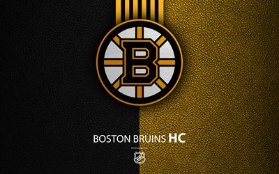 Boston Bruins, HC, 4K, hockey team, NHL, leather texture, logo, emblem, National Hockey League, Boston, Massachusetts, USA, hockey, Eastern Conference, Atlantic Division