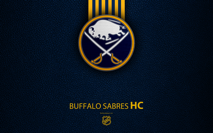 Buffalo Sabres, HC, 4K, hockey team, NHL, leather texture, logo, emblem, National Hockey League, Buffalo, New York, USA, hockey, Eastern Conference, Atlantic Division