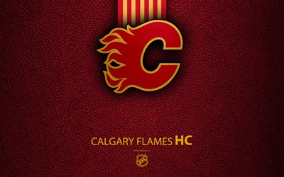 Calgary Flames, HC, 4K, Canadian hockey team, NHL, leather texture, logo, emblem, National Hockey League, Alberta, Canada, USA, hockey, Western Conference, Pacific Division