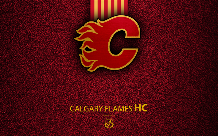 Calgary Flames, HC, 4K, H&#243;quei canadense equipe, NHL, textura de couro, logo, emblema, Liga Nacional De H&#243;quei, Alberta, Canada, EUA, h&#243;quei, Confer&#234;ncia Oeste, Divis&#227;o Pac&#237;fico