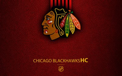 Chicago Blackhawks, HC, 4K, hokey takımı, NHL, deri doku, logo, amblem, Ulusal Hokey Ligi, Chicago, Illinois, ABD, hokey, Batı Konferansı, Merkez şube