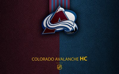 Colorado Avalanche, HC, 4K, hokey takımı, NHL, deri doku, logo, amblem, Ulusal Hokey Ligi, Denver, Colorado, ABD, hokey, Batı Konferansı, Merkez şube