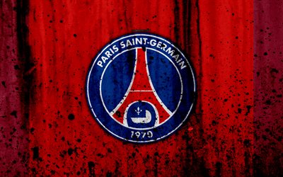 1 1 FC PSG, 4k, kırmızı arka plan, Paris Saint-Germain, logo, İzle, taş doku, PSG, grunge, futbol, futbol kul&#252;b&#252;, metal doku, Lig, PSG FC