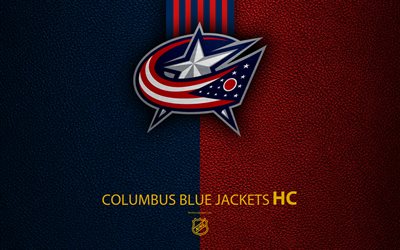 Columbus Blue Jackets, HC, 4K, hockey team, NHL, leather texture, logo, emblem, National Hockey League, Columbus, Ohio, USA, hockey, Eastern Conference, Metropolitan Division