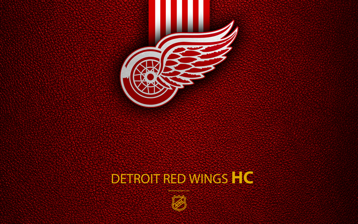 detroit red wings, hc -, 4k -, hockey-team, nhl, leder textur, logo, emblem, national hockey league, detroit, michigan, usa, hockey, eastern conference, atlantic division