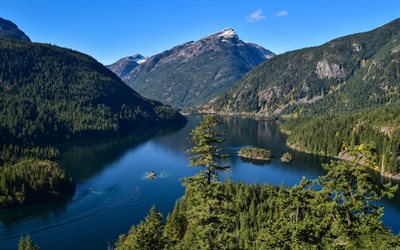Diablo Lake, mountain lake, forest, mountains, USA, Washington, North Cascades Mountains, North Cascades National Park