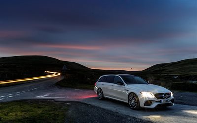 4k, Mercedes-AMG E63 Estate, night, 2017 cars, 4MATIC, new E63, mountains road, Mercedes