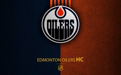 Edmonton Oilers, HC, 4K, hockey team, NHL, leather texture, logo, emblem, National Hockey League, Edmonton, Canada, hockey, Western Conference, Pacific Division